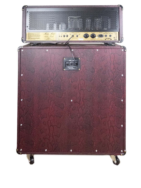 Burgundy snakeskin-covered Marshall JCM 800 2203 amp in a wooden case, alongside a matching 1960A cabinet.
