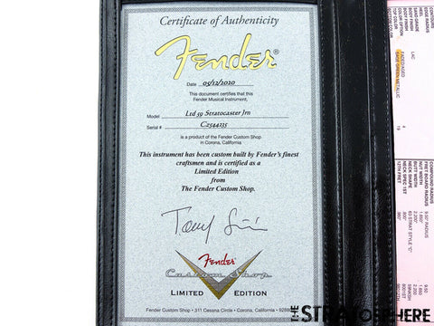 Certificate displayed for a Fender '60s Strat Partscaster, Olympic White, featuring Custom Shop parts from the USA, 2020.
