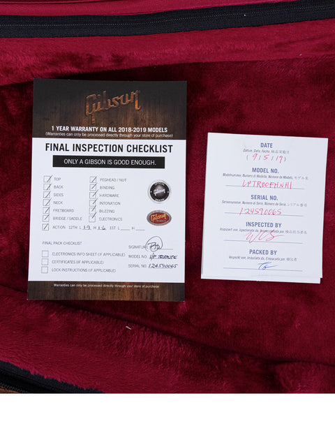 Checklist for final inspection of a Gibson Les Paul Custom Shop, specifically the Tribute model from USA, year 2019.