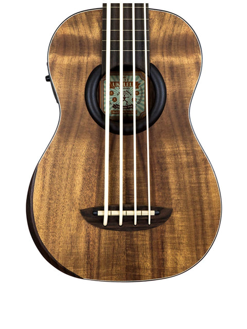 Close-up of aNueNue Im Bass Koa Bass Ukulele soundhole, highlighting intricate design and wood texture.