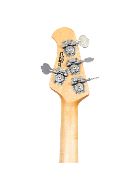 Close-up of a 2008 USA Music Man Stingray 4 H Bass guitar featuring four strings and a polished finish.