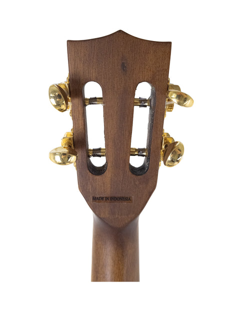 Close-up of a Kala KA-SKT GE-C Tenor Ukulele featuring a wooden head and a striking gold tone, highlighting its beauty.