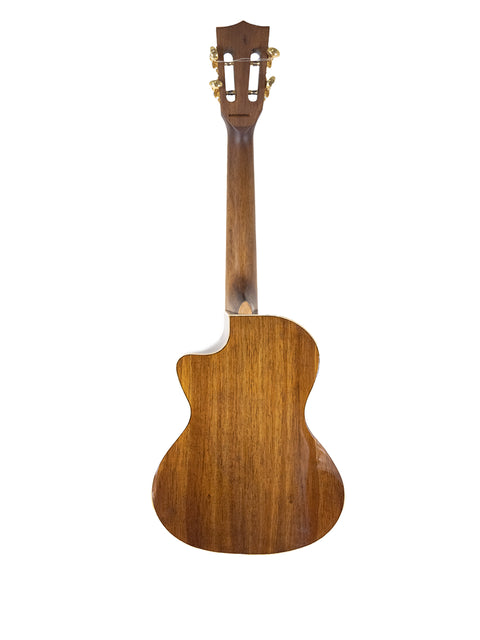 Close-up of a Kala KA-SKT GE-C Tenor Ukulele, highlighting its beautiful wooden back and neck, perfect for music lovers.