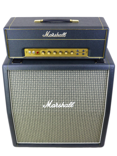 Close-up of a Marshall JTM45 guitar amplifier, emphasizing its classic look and UK manufacturing from 2017.