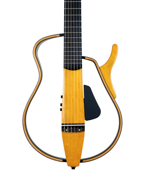 Close-up of a Yamaha SLG 120NW Silent Guitar featuring a white body and yellow neck, highlighting its stylish look from Japan 2009.