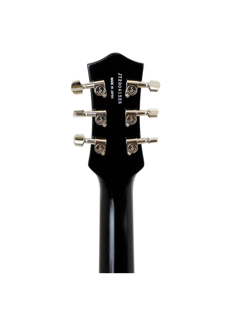 Close-up of a black guitar headstock with four knobs, representing the Gretsch G6131 Malcolm Young Signature Jet, Japan 2020.