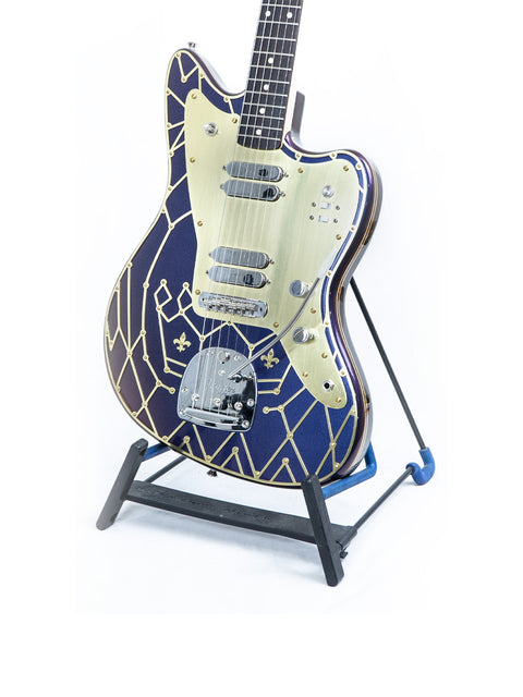 Close-up of a blue and gold guitar, the Zachary & Mercer Mastermind “Royal” Offset, crafted in Australia, 2021.