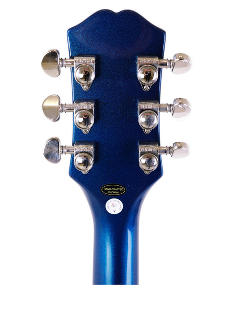 Close-up of a blue guitar headstock from the 2021 Epiphone UpTown Kat ES, showcasing four tuning knobs.