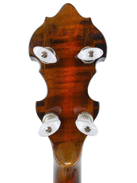 Close-up of a guitar neck showcasing intricate details, featuring the Deering Golden Era Banjo from the USA, 2008.