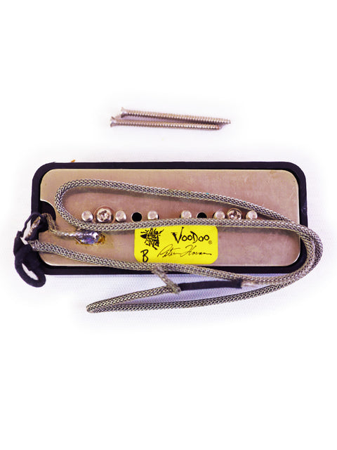 Close-up of a guitar pick and holder, showcasing Peter Florance Voodoo P90 Pickups for superior tone.