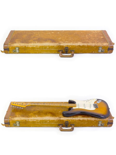 Close-up of a vintage 1954 Fender Stratocaster, emphasizing its timeless design and legendary status among musicians.