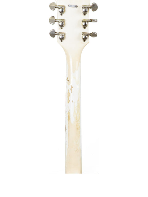 Close-up of a white guitar head with a black pickguard, showcasing the National Valco Glenwood Model 99, USA 1962.
