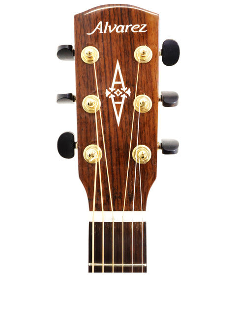 Close-up of the Alvarez MDA66SHB acoustic guitar headstock, highlighting the logo and craftsmanship from 2019.