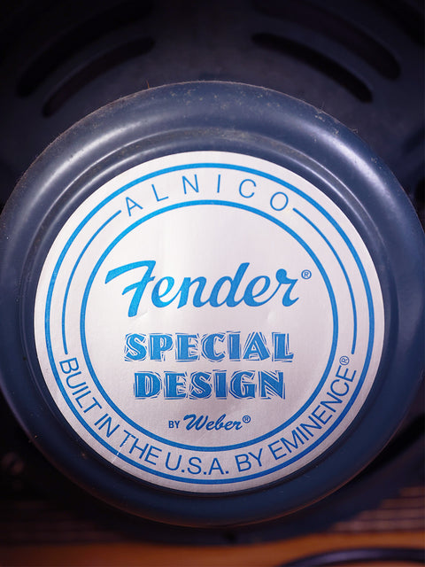 Close-up of the Fender special design logo featured on a 2006 USA-made 1957 Fender Twin Reissue Amp, highlighting its vintage appeal.