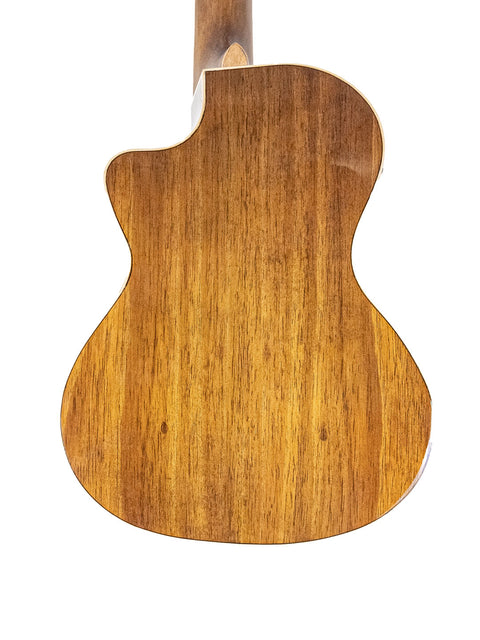 Close-up of the back of a Kala KA-SKT GE-C Tenor Uke, featuring rich wood grain and a polished surface.