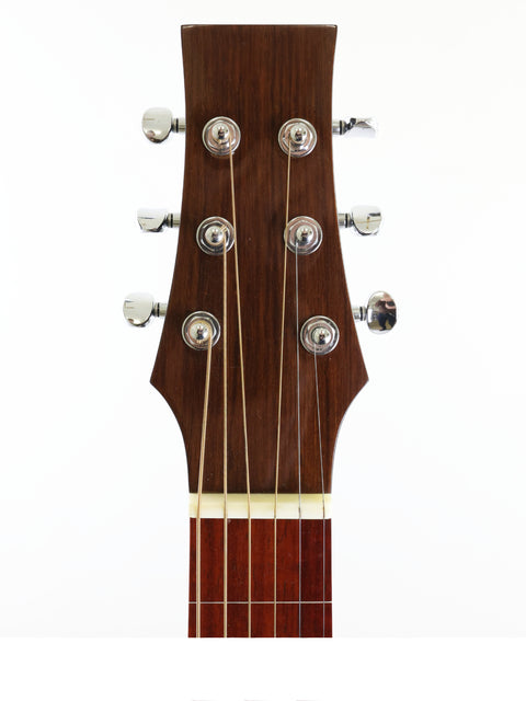Close-up of the headstock of a Gilet WB acoustic guitar, highlighting its unique features and Australian craftsmanship, 2014.
