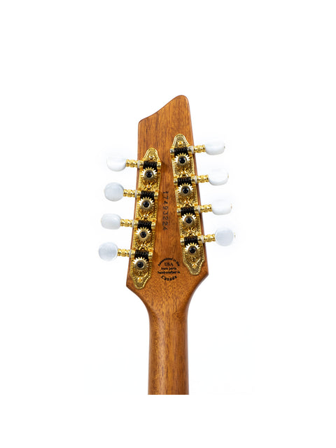 Close-up of the headstock of a Godin A8 Mandolin, showcasing its craftsmanship and design details from Canada, 2019.