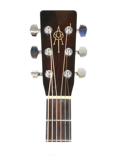 Close-up of the neck of a K. Yairi G-1F acoustic guitar from Japan, showcasing its craftsmanship and wood grain details.
