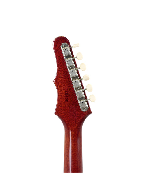 Close-up shot of a 1965 Epiphone Coronet guitar head, featuring a beautifully crafted wooden body and tuning pegs.