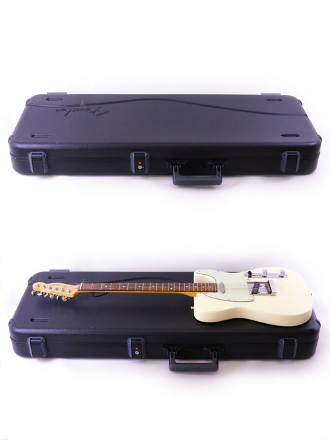 Closed black guitar case above, same case open with a white electric guitar inside, below.