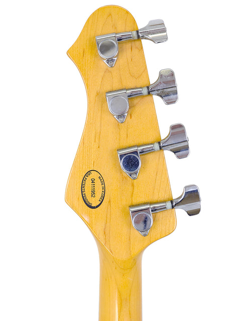 Detailed view of a 2004 Line 6 Variax Bass guitar head, showcasing four knobs and sleek design elements.