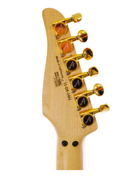 Detailed view of a 2014 Tom Anderson Drop Top Classic guitar head with a striking gold pick guard, highlighting its craftsmanship.