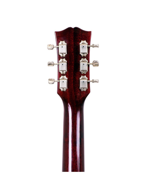 Detailed view of a Burny “Rockin Roll Version” Les Paul Jr guitar neck, set against a clean white backdrop.