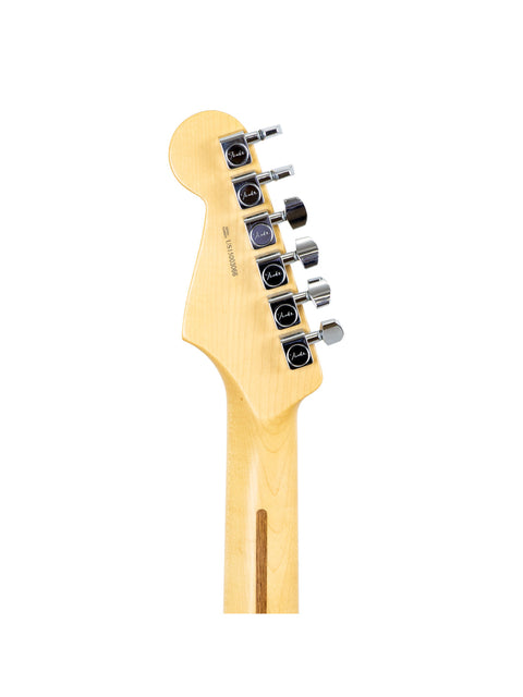 Detailed view of a Fender Stratocaster guitar head, featuring natural oiled ash, set against a clean white backdrop.