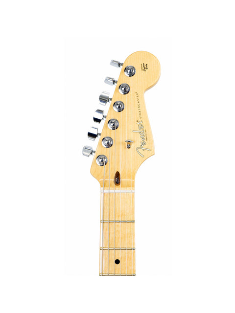 Detailed view of a guitar neck from a Fender Limited Edition Stratocaster, set against a clean white backdrop.