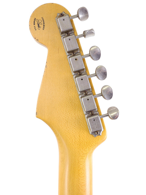 Detailed view of a guitar neck with a single pickup, highlighting the 2019 Fender Custom Shop Jason Smith Stratocaster.