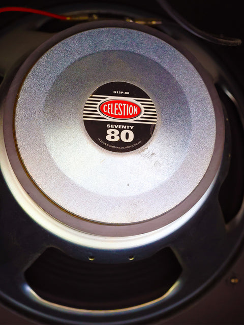 Detailed view of an Ibanez TSA15 Tube Screamer speaker, featuring a label, highlighting its 15W head and 80W cabinet.