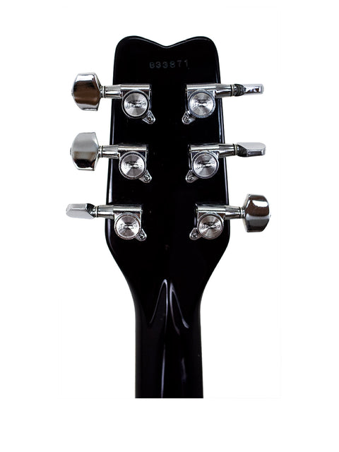 Detailed view of the headstock on a 1984 Washburn Mirage Deluxe electric guitar, highlighting its craftsmanship.
