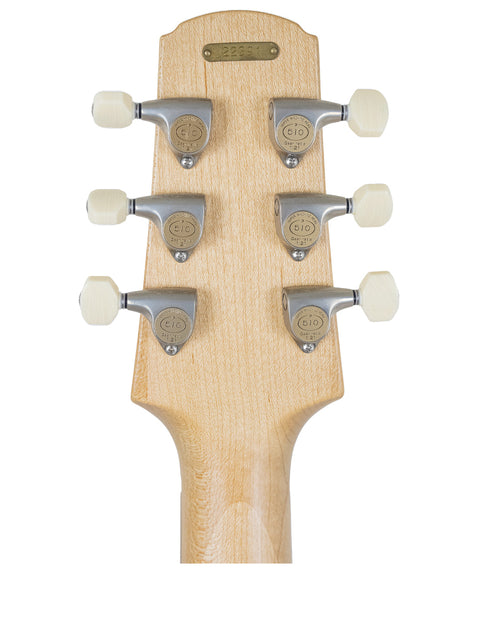 Detailed view of the headstock on a 2009 National Reso-Phonic Polychrome Tricone Resonator acoustic guitar.