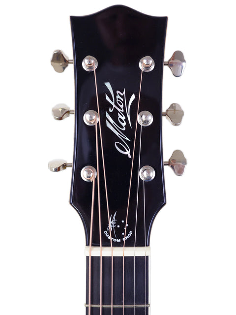 Detailed view of the headstock on a 2020 Maton Custom Shop Classic acoustic guitar from Australia.