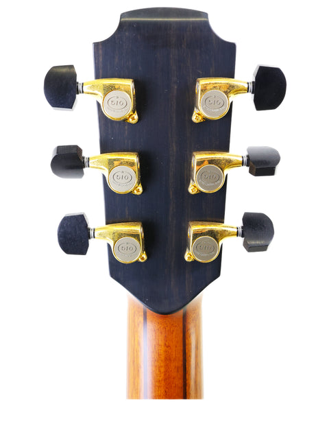 Detailed view of the headstock on a Lowden S-35 acoustic guitar, highlighting its prototype features from Ireland, 2018.