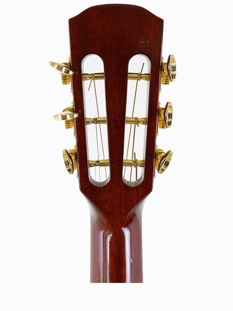Detailed view of the headstock on an Alvarez Yairi FYM95V acoustic guitar, highlighting its elegant features and Japanese craftsmanship from 2008.