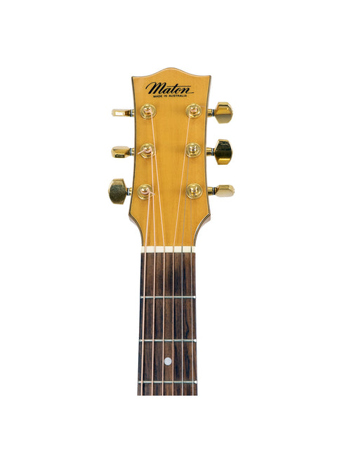 Detailed view of the neck of a 1992 Maton Stage Deluxe Rock Maple acoustic guitar, highlighting its smooth finish and frets.