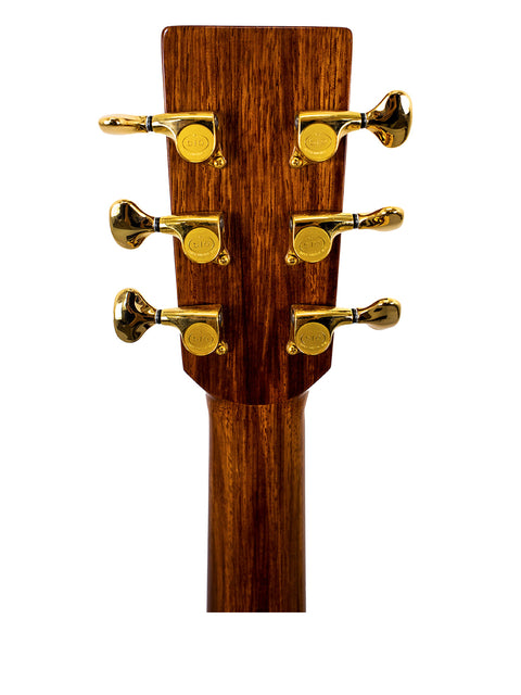 Detailed view of the neck of a 2005 Gerard Gilet 000 acoustic guitar, highlighting its smooth finish and intricate fretwork.
