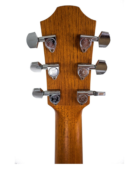 Detailed view of the neck of a 2008 Furch S40-CM acoustic guitar, highlighting its elegant design and fine wood texture.