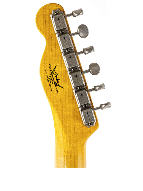 Detailed view of the neck of a 2018 Fender Custom Shop '50s Thinline Relic Telecaster, highlighting its craftsmanship and relic finish.