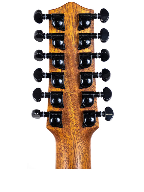 Detailed view of the neck of a Maton Mahogany Mini12 String guitar, highlighting black knobs and elegant wood grain from 2017.