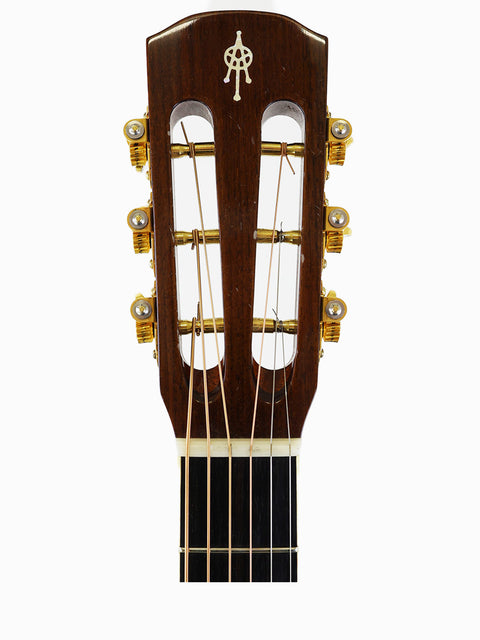 Detailed view of the neck of an Alvarez Yairi FYM95V acoustic guitar, highlighting its elegant design and quality from Japan 2008.