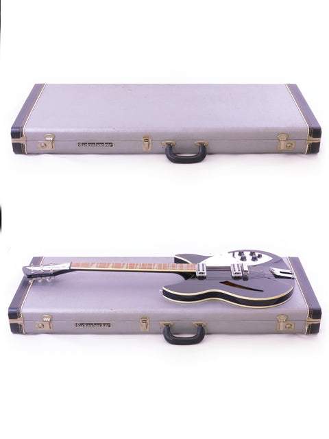 Display of two guitars, featuring a 1996 Rickenbacker 360 WB, in a case on a white surface.