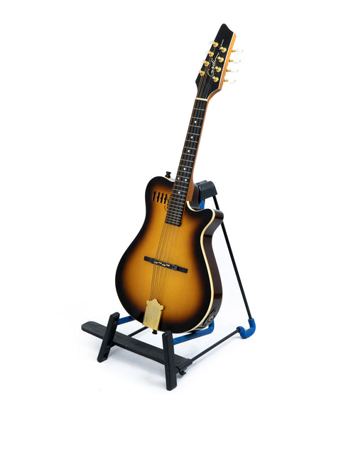 Displayed on a blue stand, the Godin A8 Mandolin from Canada (2019) captures attention with its beautiful craftsmanship.