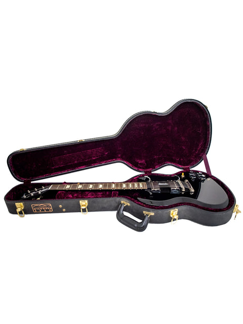 Elegant black guitar case with rich purple velvet interior, tailored for the Gibson Custom Shop Wildwood Spec 1961 SG Standard.