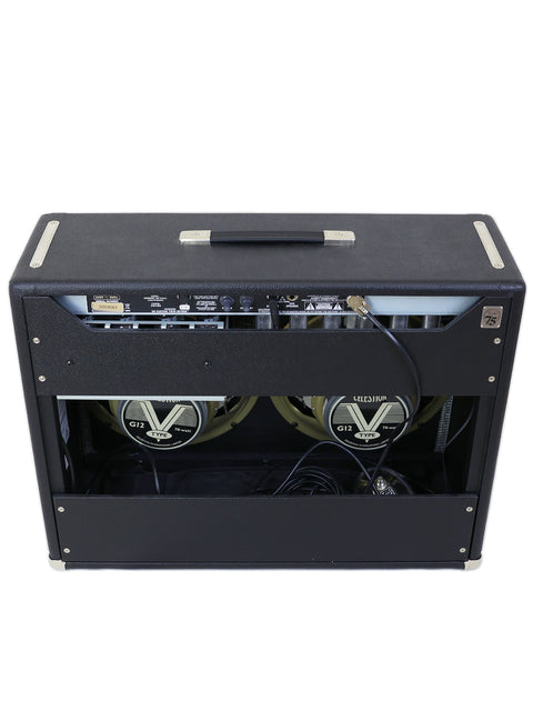 Fender Custom '68 Twin Reverb Combo amplifier in black, featuring two speakers and a microphone, perfect for live performances.
