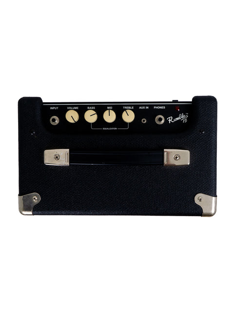 Fender Rumble 15 V3 Bass Combo Amp in a sleek black case, showcasing its modern design and powerful sound capabilities.