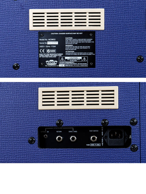 Front and rear perspectives of a blue Vox AC 30 C2 Limited Edition speaker, highlighting its unique 2014 design.