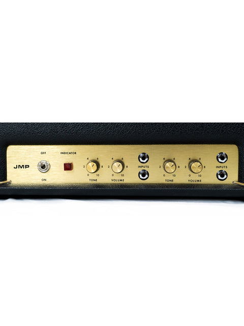 Front of a black Marshall 2061X amp head with gold knobs, highlighting its vintage style and premium build quality.

