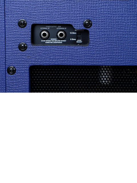Front panel close-up of a blue Vox AC 30 C2 Limited Edition amplifier, emphasizing its stylish knobs and vintage look.